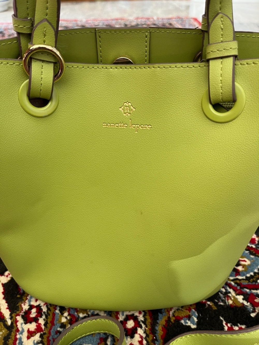 Nanette Lepore Lime Green Leather Tote with Crossbody Strap - Picture 2 of 4